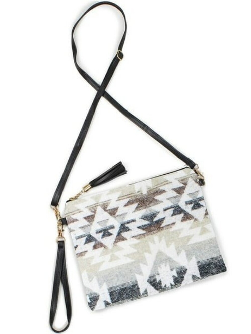 NWT Gray Aztec Pattern Fringe Crossbody/Wristlet Bag